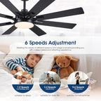 52 Inch Ceiling Fans with Lights and Remote/APP Control, Modern Ceiling Fan for Bedroom Living Room Patio Porch Indoor Outdoor, 6 Speeds, Reversible Quiet Motor, 8 Wood Blades, Black