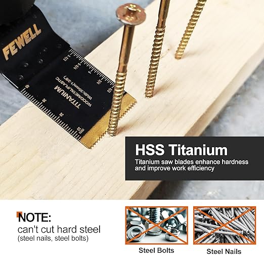 FEWELL 55PCS Oscillating Saw Blades, Universal Titanium Multitool Blades for Hard Materials, Metal, Wood, Plastic, Nails,Curved Edge Oscillating Saw Blades, Fits Most Tools