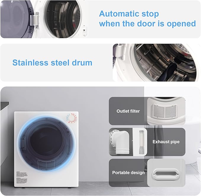 Elevon 800W Portable Clothes Dryer 2.6 cu.ft Electric Drying Machine for Laundry with Stainless Steel Tub for Apartment, Rvs, Dorms, Compact Dryer for Small Space, White