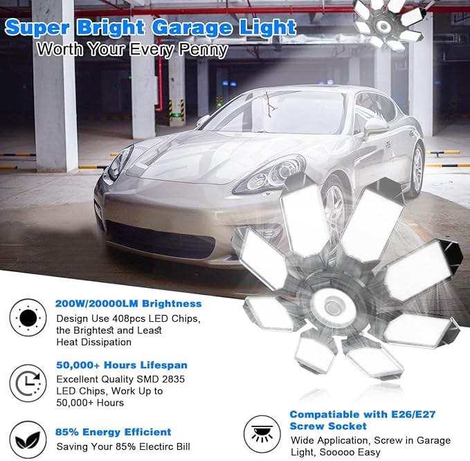 Garage Lights - 40000LM Super Bright Garage Lights Ceiling Led w/ 8 Deformable Panels Compatible for E26/E27 Screw in Socket Garage Lighting Bulb for Barn Basement Shops Attic - 2Pack