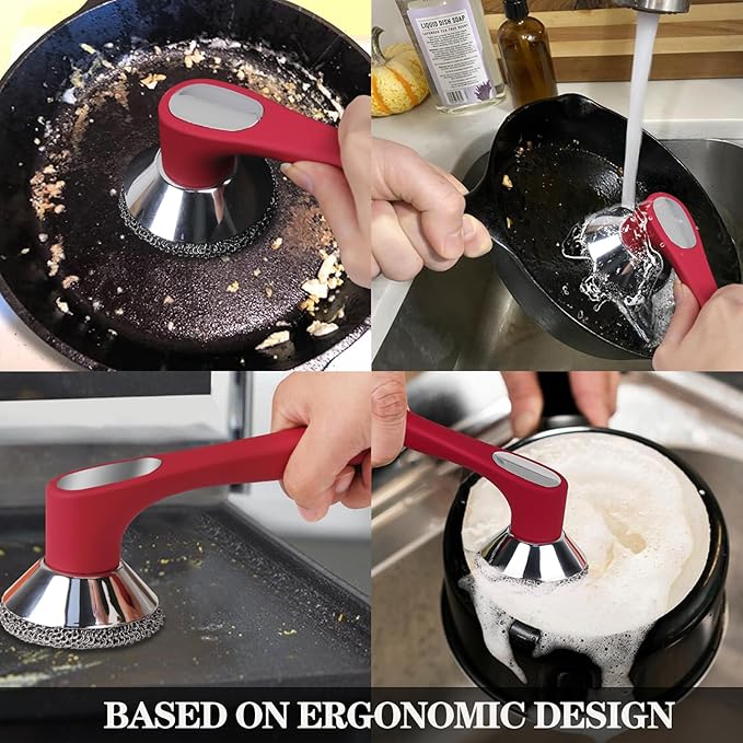 Cast Iron Cleaner Scrubber with Long Handle - Welded Fine Chain Mail Cast Iron Scrubber Brush-Chainmail Sponge Scrub Cleaning Tool to Clean Skillets, Pan,Griddle, Wok, Dutch Oven