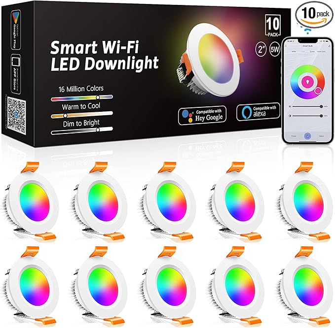 inShareplus 10 Pack 2 Inch Smart Recessed Lighting, WiFi LED Downlight 5W 120V, Dimmable RGBCW 2700-6500K Color Changing, Compatible with Alexa/Google, Ceiling Lights with LED Driver