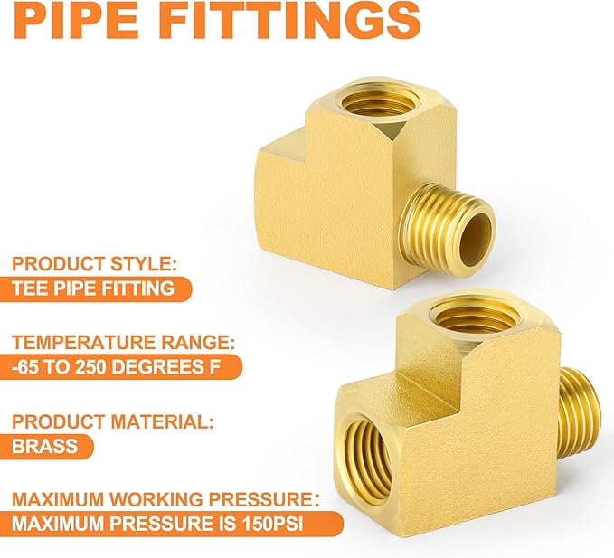 GASHER 2Pcs Brass Tee Fitting, 1/8" FNPT x 1/8" FNPTx 1/8" MNPT Pipe Fittings, Male Run Tee