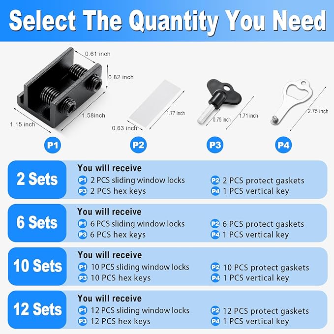 Sliding Window Locks (12 Sets), Secure Window Lock with Key, Window Locks for Up and Down Windows & Horizontal Sliding Windows, Adjustable Window Lock, Sturdy and Durable, Does Not Deform.