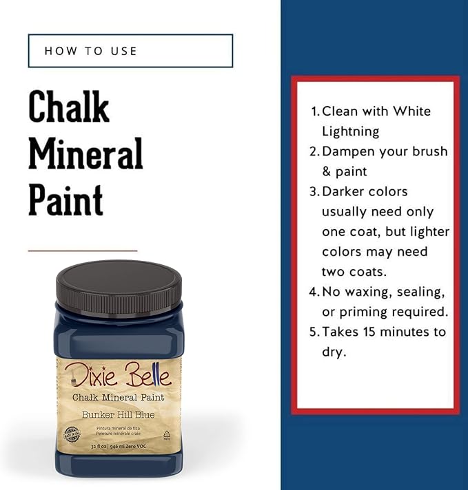 Dixie Belle Paint Company Chalk Finish Furniture Paint - Bunker Hill (32oz) - Matte Indigo Blue Chic Chalk Mineral DIY Furniture Paint