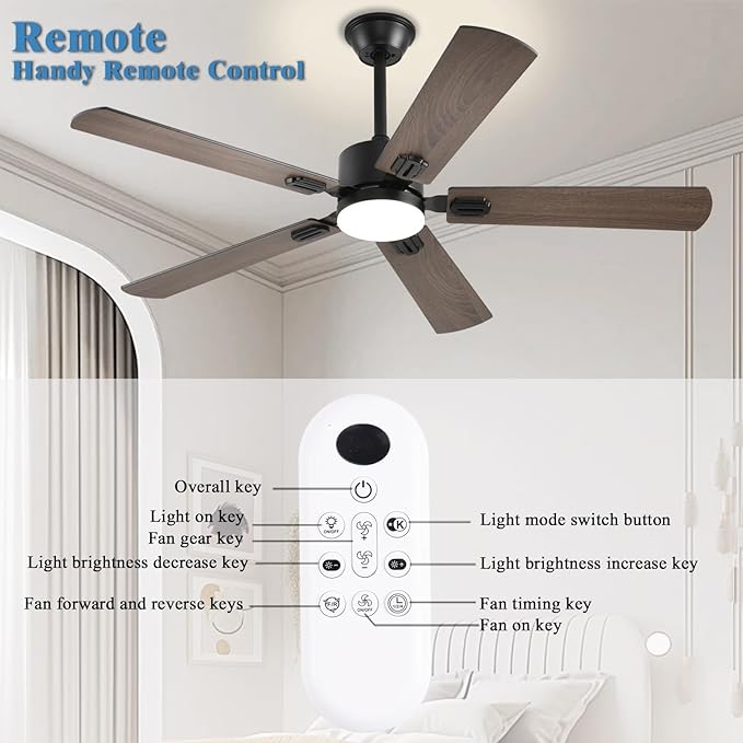 56inch Ceiling Fans with Lights and Remote/App Control, DC Reversible Motor, Noiseless, Dimmable, Low Profile Modern Ceiling Fan for Bedroom Indoor/Outdoor Use（Brown）