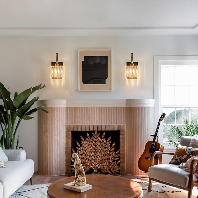 Wall Sconces, Set of 2 Black Gold Crystal Vanity Lights, Modern Wall Lamp for Bathroom, Hallway, and Makeup, Easy Installation