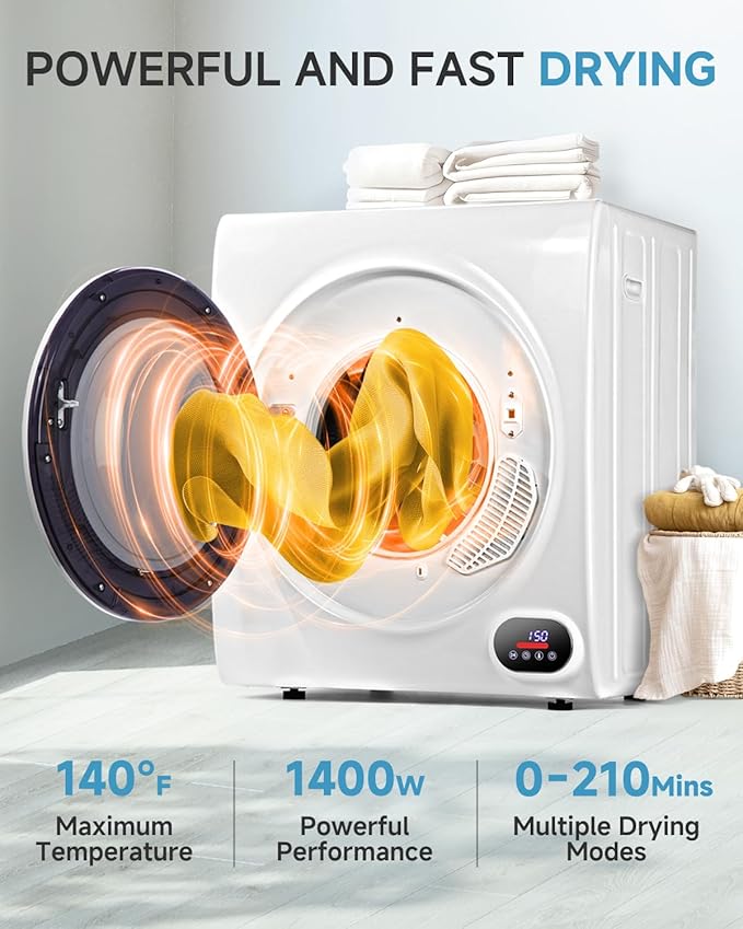 2.65 Cu.Ft Portable Clothes Dryer - 1400W Clothes Dryer with Stainless Steel Tub, Front Load Tumble, LCD Touch Panel - Compact Drying Unit for Laundry, Apartments, Dorms