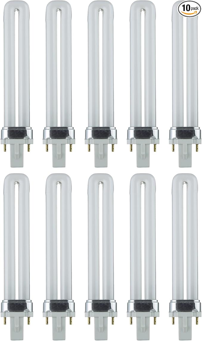 Sunlite Compact Fluorescent PL 2-Pin Single U-Shaped Twin Tube, 9 Watts, 120 Volts, 530 Lumens, 2700K Soft White, 2-Pin G23 Base, 10 Pack