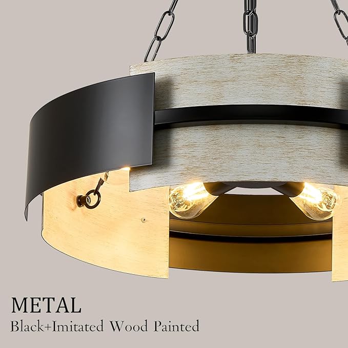 Industrial Drum Chandelier 24" 6-Light Modern Chandelier Black Metal Hanging Light Fixture Weathered Wood Grain for Living Dining Room Foyer Entryway Kitchen