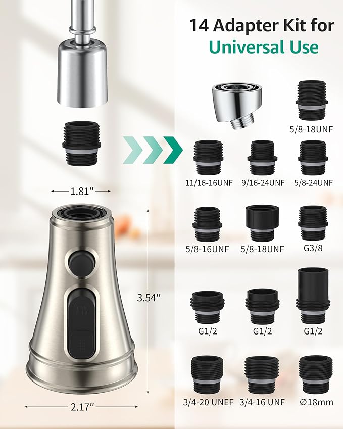 Mbillion Universal Brushed Nickel Kitchen Faucet Sprayer Head Replacement – 3-Function Pull-Down Nozzle with 14 Adapters – Fits Moen, Delta, Kohler, WEWE & American Standard