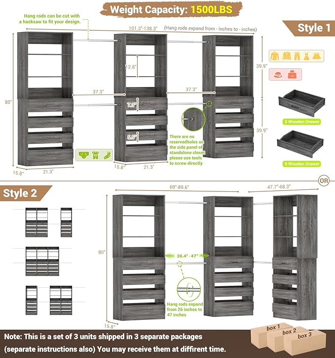 Aheaplus Closet System with 12 Drawers, 8.5-11.5Ft Wood Closet Organizer System with 4 Hang Rods & 3 Towers, 4Ft & 6Ft L-Shaped Walk-in Closets Wardrobe Organizer Clothes Rack, Set of 3, Black Oak1