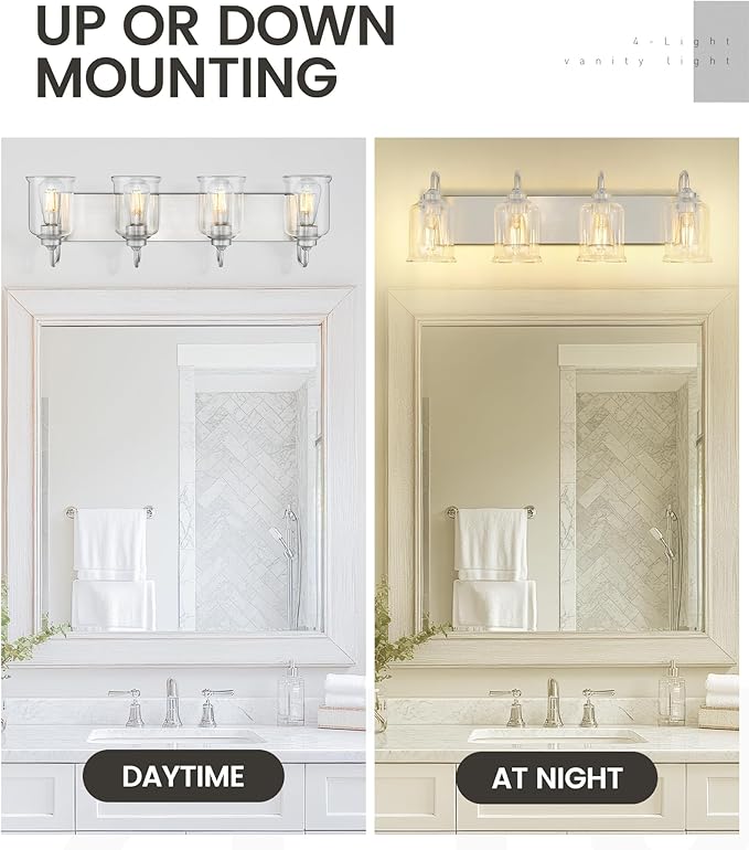 zeyu 28.5 Inch Bathroom Wall Light Over Mirror, 4-Light Vanity Lighting Fixture, Brushed Nickel Finish with Clear Glass Shade, ZSL72B-4W BN