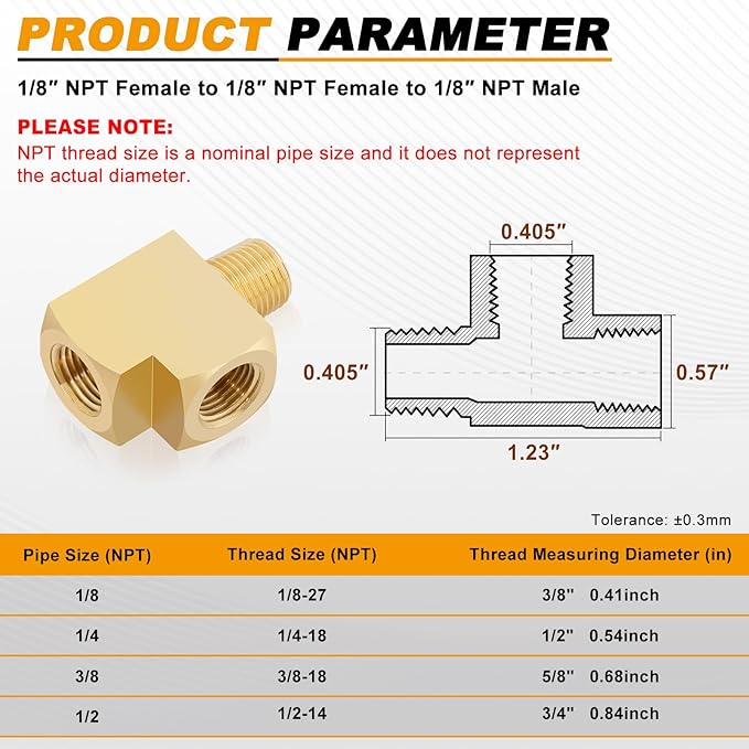 KOOTANS 4 Pack Brass Tee Fittings 1/8" NPT Female to 1/8" NPT Female to 1/8" NPT Male Barstock Street Tee Fittings 3 Way Brass Pipe Fitting
