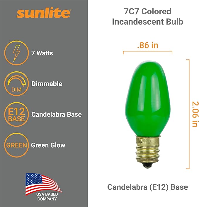 Sunlite 01056 7C7 Incandescent Bulb, 7 Watt, Candelabra E12 Base, C7 Small Night Light, Colored Bulb, Green, 12 Count