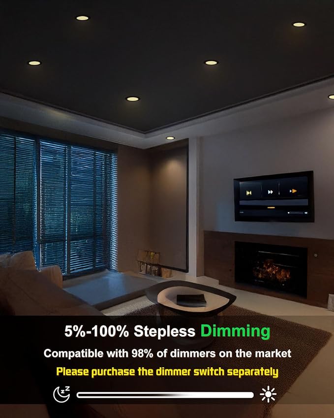 zouzai 1 Pack 6 Inch Black 5CCT Reset Ultra-Thin LED Recessed Ceiling Light with Junction Box, 2700K/3000K/3500K/4000K/5000K Selectable,12W,Dimmable- ETL and Energy Star Certified