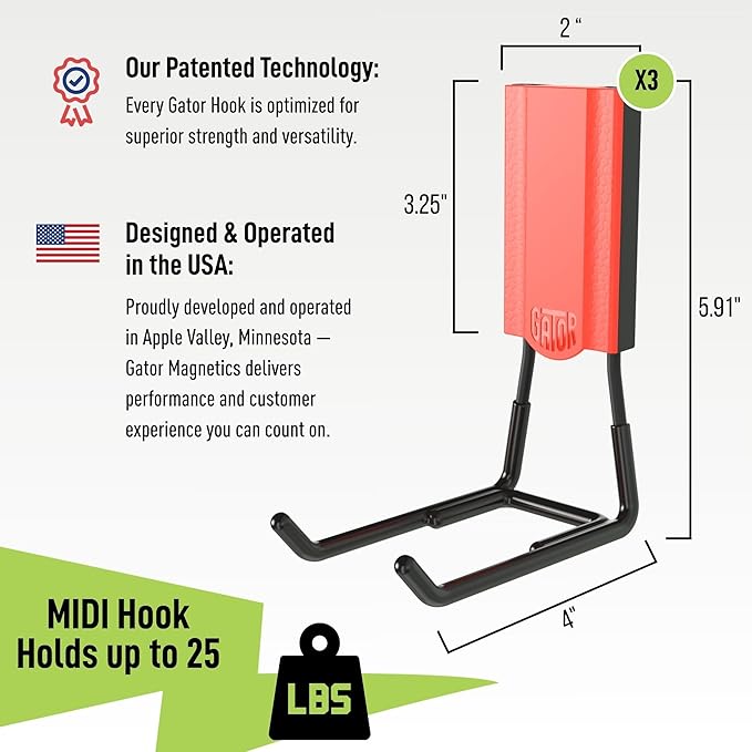 GATOR MAGNETICS MIDI 4 in Open Hooks, 25 lb Heavy Duty Magnetic Hooks for Steel Surfaces, Patented Easy-Release, Non-Slip Grip – Storage & Organization, Garage, Shed, Home, Cleaning Tools - 3 Pack