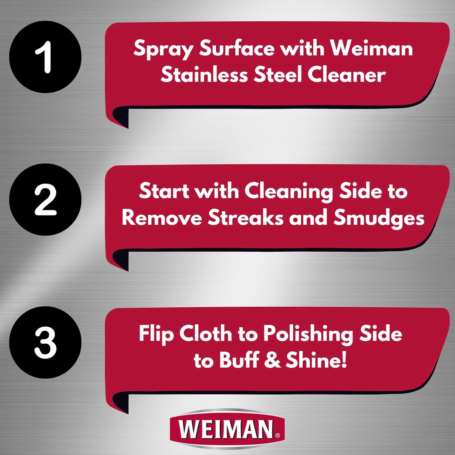 Weiman Microfiber Cloth for Stainless Steel, Safely Traps and Removes Dirt, Oil and Grime to Protect from Scratches 13.8" x 13.8" (Pack of 2)