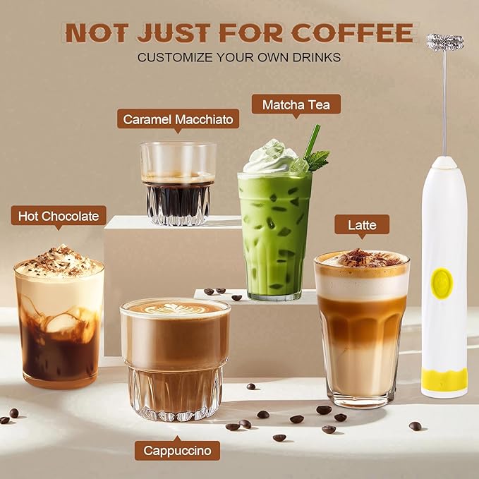 Milk Frother Handheld Rechargeable,Hand Mixer Electric Whisk with 2 Speeds,Drink Mixer Coffee Frother With 2 Stainless Steel Whisks for Coffee, Matcha, Lattes, Cappuccino,Egg,No Stand (Yellow)