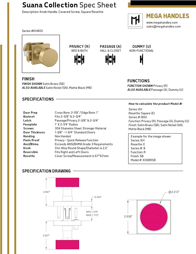 Mega Handles SUANA Privacy Door Knob for Hallway, Closet and Bathroom, Reversible Heavy Duty Design Door Knobs, Fits All Standard Door Sizes Screws Included - Polished Chrome (1 Pack)