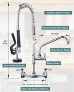 25" Height Commercial Faucet Wall Mount with Sprayer 8" Adjustable Center 9.6" Swing Spout, Kitchen Sink Faucet with Pull Down Pre-Rinse Sprayer for Restaurant Industrial Kitchen, Chrome
