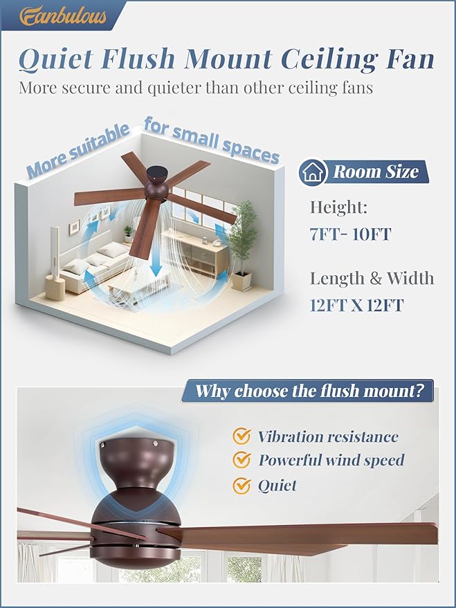 48 Inch Low Profile Ceiling Fan without Lights, Brown Farmhouse Ceiling Fan no Light, 6-Speeds, Quiet Reversible DC Motor, Indoor/Outdoor Ceiling Fans with Remote for Patio, Living Room, Bedroom