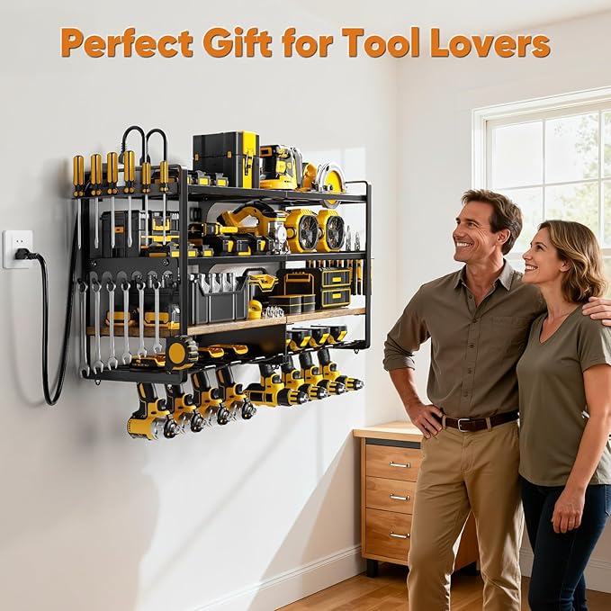 33" W Large Power Tool Organizer with Charging Station, 4-Layer Heavy Duty Utility Rack Loads 400lbs, Holds 8 Cordless Drills, Wall Mount Tool Shelf with 8-Outlet Power Strip, Gift for Men