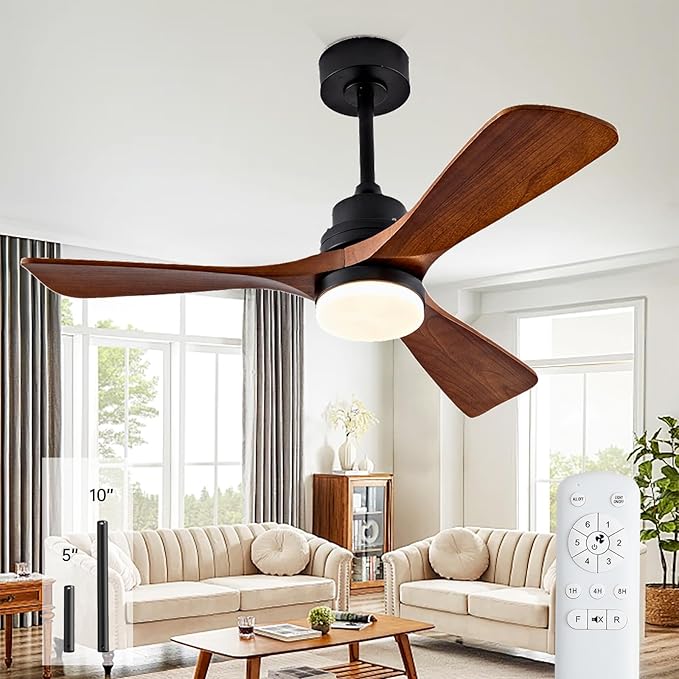 42 Inch Wood Ceiling Fans with Lights and Remote,Outdoor Ceiling Fan for Patios with Dimmable Led Light,Walnut 3 Blades,Memory Modern Fan for Living Room,Office,Indoor