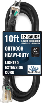 Outdoor Extension Cord Waterproof (10 ft) 12 Gauge Heavy Duty Extension Cord - Lighted Outdoor Extension Cords - Watts Wire - 10' Grounded - extensiones electricas