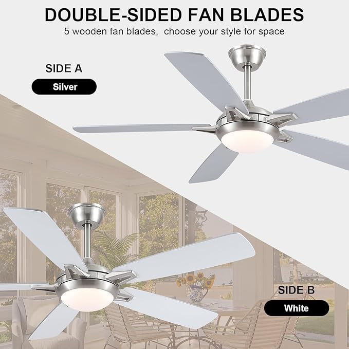 52 Inch Ceiling Fans with Lights and Remote, Modern Indoor Outdoor Ceiling Fan for Bedroom Living Room Patio Porch, 6 Speeds, Reversible Quiet Motor, Dual Finish Wooden Blades, Nickel