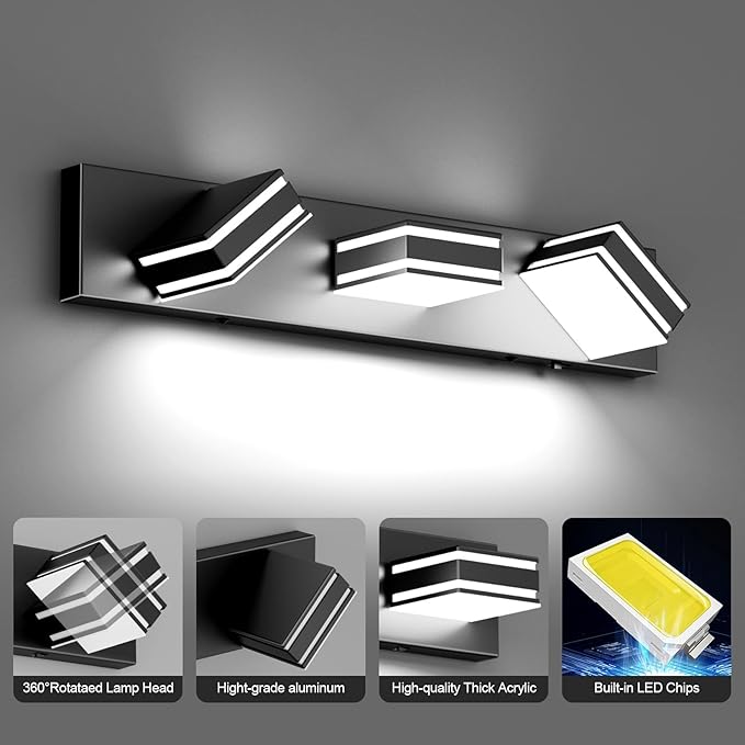 Ralbay 24inch Black Bathroom Vanity Lights with 5 Color Temperatures (3000K-6000K) Dimmable Modern Metal Acrylic LED Matte Black Bathroom Wall Lighting Fixtures (3-Light)