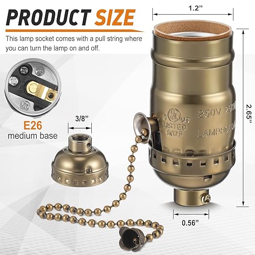 6 Pcs Pull Chain Lamp Socket Replacement, E26 Standard Threaded Base, Light Socket with Pull Chain, Lamp Parts for Repair (Antique Brass)