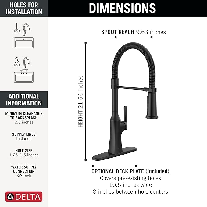 Delta Ermelo Pro Style Commercial Kitchen Faucet with Pull Down Sprayer, Single Hole Matte Black Kitchen Sink Faucet, Single Handle, Matte Black 18887-BL-DST