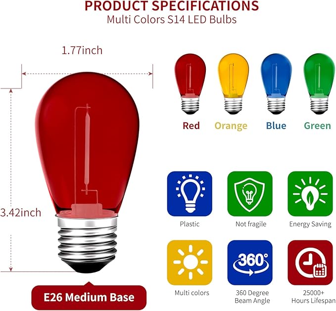 24Pack S14 Colored LED String Light Bulbs,1Watt Plastic Shatterproof Waterproof Outdoor Indoor Replacement Bulbs for Home Decor, E26 Medium Base, Multi-Color: Red/Green/Blue/Orange