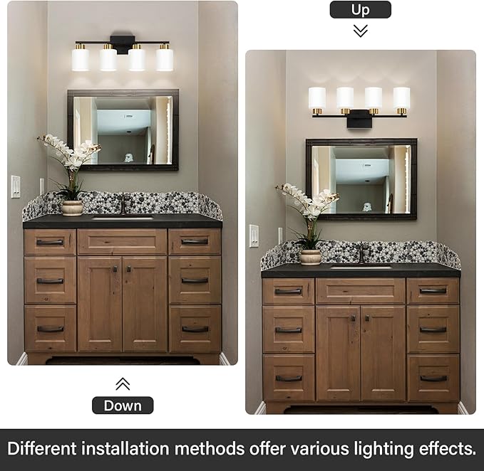 Black and Gold Bathroom Light Fixtures, 4-Light Modern Vanity Light Over Mirror, Wall Sconces with Milky White Frosted Glass Shades, E26 Socket (Bulbs Not Included)