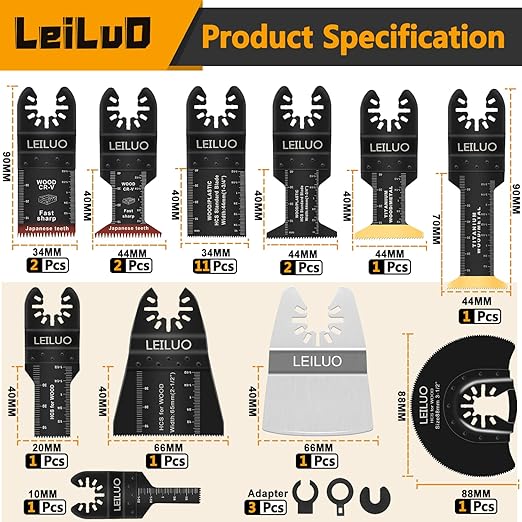 LEILUO 112 Pcs Multitool Blade Kits Cutting Sanding Grout Removal Universal Oscillating Tool Accessories with Storage Bag Compatible with DeWalt Makita Dremel and More