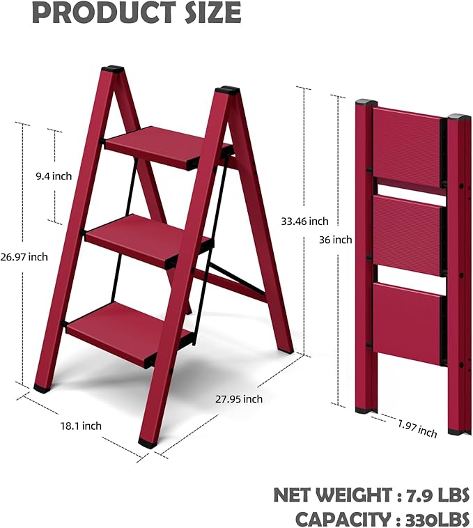 Taranta 3 Step Ladder,Aluminum Lightweight Folding 3 Step Stool with Anti-Slip Wide Pedal,330lbs Capacity Step Ladder for Household,Kitchen,Office - Red