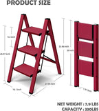 Taranta 3 Step Ladder,Aluminum Lightweight Folding 3 Step Stool with Anti-Slip Wide Pedal,330lbs Capacity Step Ladder for Household,Kitchen,Office - Red