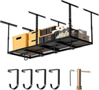 3x8 Overhead Garage Storage Rack Adjustable Garage Ceiling Storage Racks, Holds 600 lbs, 22 lbs Per Hook, Heavy Duty Steel Hanging Organizer for Tools, Bins & Bikes