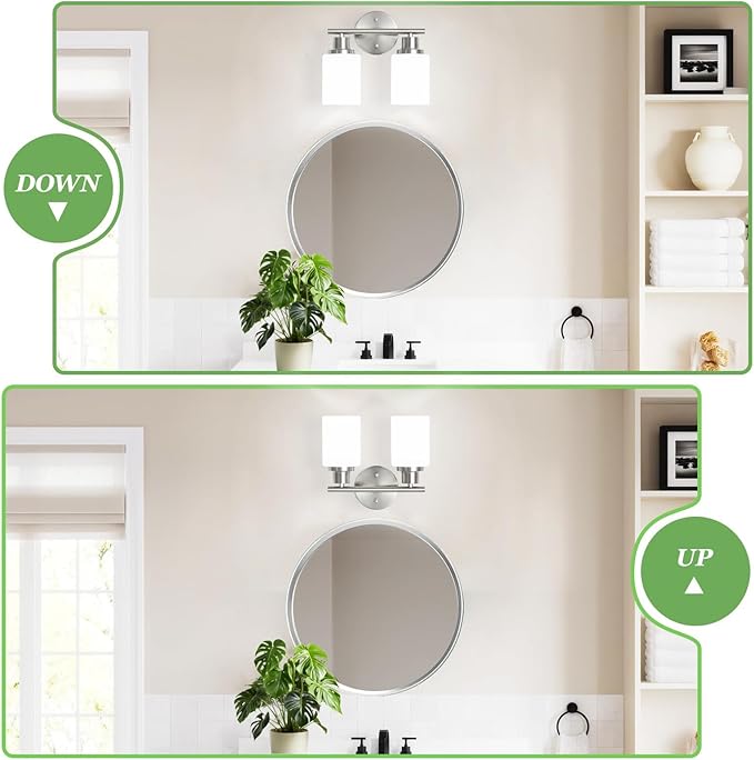 2-Light Vanity Lights, Brushed Nickel Bathroom Light Fixture with Striped Textured Milky White Glass Shade, E26 Modern Vanity Lighting Fixture for Bathroom Wall Sconce Light Over Mirror