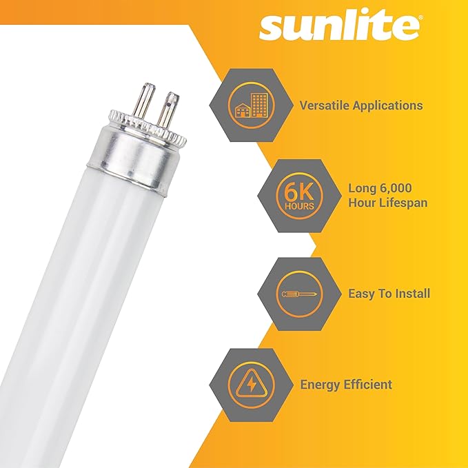 Sunlite 12-Inch F8T5/CW T5 Linear Fluorescent Lamp, 8 Watts, 350 Lumens, 4100K Cool White, Miniature G5 Bi-Pin Base, ROHS Compliant, High Performance Straight Tube, 10 Pack