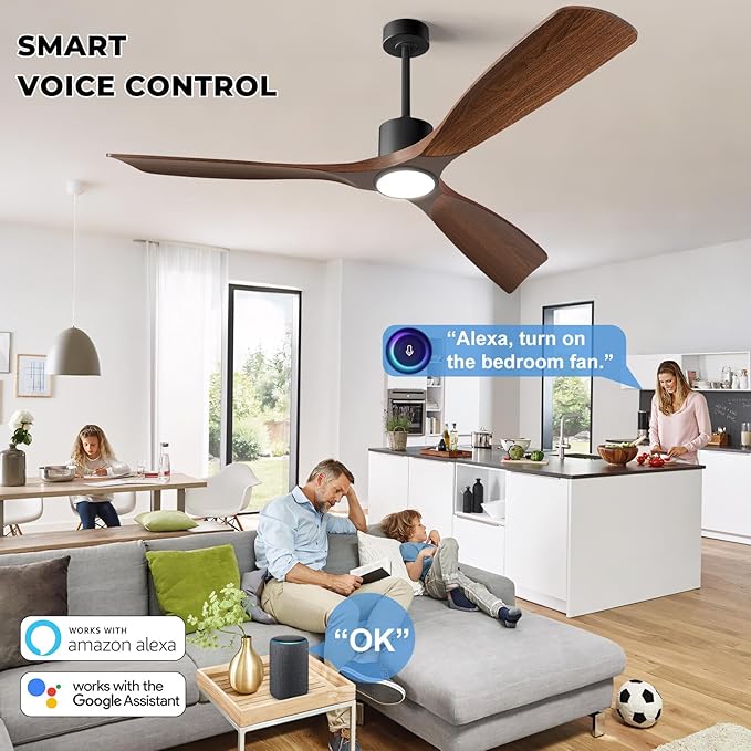 52" Smart Ceiling Fan with Lights,Outdoor Ceiling Fan Work with Alexa/Gg/App/Remote,3-Color Light Dimmable 6-Speed Quiet Reversible for Patio Porch Living Room,Dark Walnut