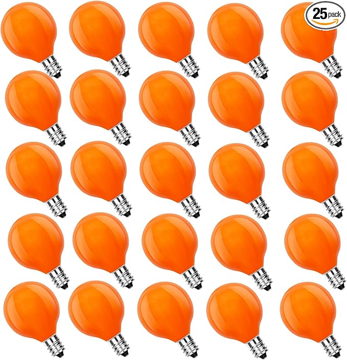 25 Pack G40 Orange Halloween Replacement Light Bulb, G40 Orange Christmas Lights Bulbs for Halloween Outdoor Patio String Lights, E12 Candelabra Base Night Light Bulbs, 5 Watt, 120 Volt