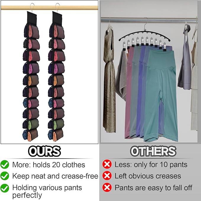 Aulock Legging Organizer for Closet, Hanging Closet Storage Organizer System, Clothes Closets Holder with 20 Roll Independent Compartments for Yoga T-Shirts Bras Socks Pants Tank Top Towel (Black)