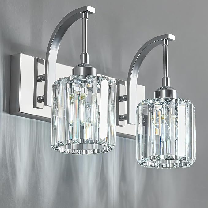 Bathroom Crystal Vanity Lights 2-Light Chrome Wall Lamp Modern Crystal Bathroom Light Fixtures Over Mirror 13.77" Long Wall Sconce