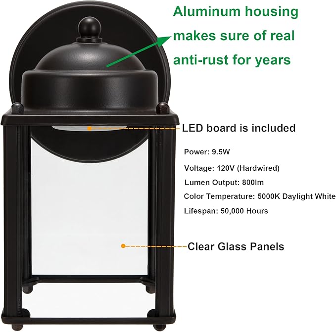 LIT-PaTH Outdoor LED Wall Lantern, Wall Sconce as Porch Lighting Fixture, 5000K Daylight White, 9.5W 800 Lumen, Aluminum Housing Plus Glass, Bronze Finish-2 Pack
