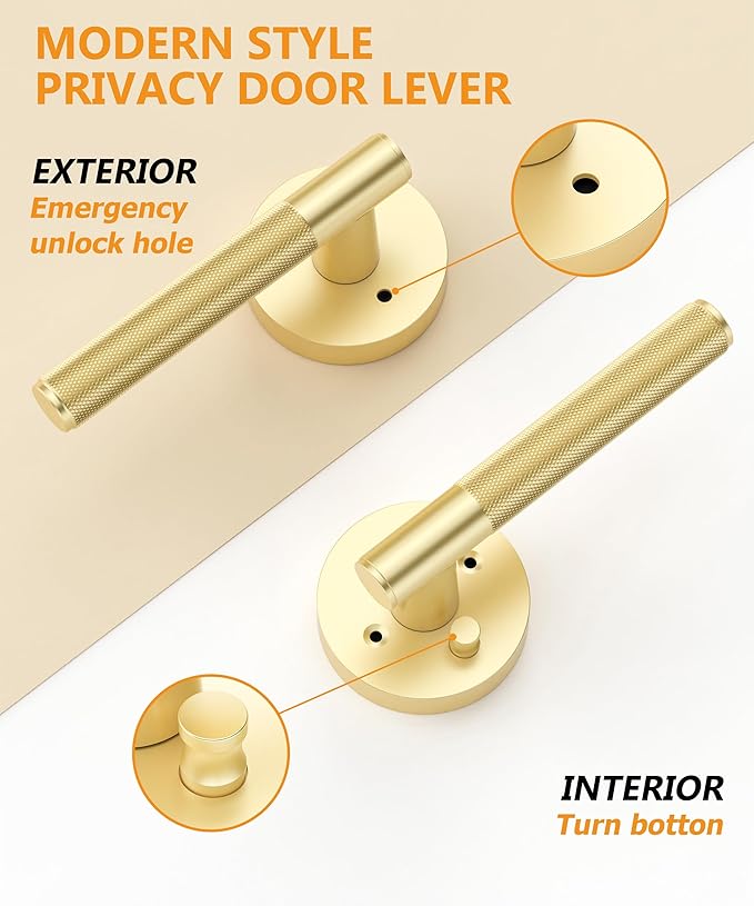Asidrama 1 Pack Privacy Gold Door Handles, Door Lever with Door Knobs Indoor for Bedroom or Bathroom, Heavy Duty Brushed Gold Door Handles Interior with Locks for Left Right Sided Doors