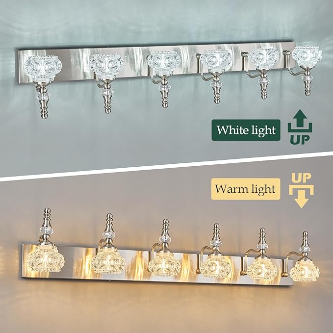 Modern Glass Crystal Vanity Light - Vintage Bathroom Lighting Fixtures Over Mirror, 6 Light Vanity Lights G9 Bulb (43.3 Inch, Nickel)
