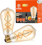 OMED LED Edison Bulb Dimmable Amber Glass, 60 Watt Equivalent LED Light Bulbs Soft White, ST64 E26 Bulb 60W 2700K, Vintage Spiral Filament LED Bulbs with Teardrop Top, 600LM,UL Listed, 2 Pack