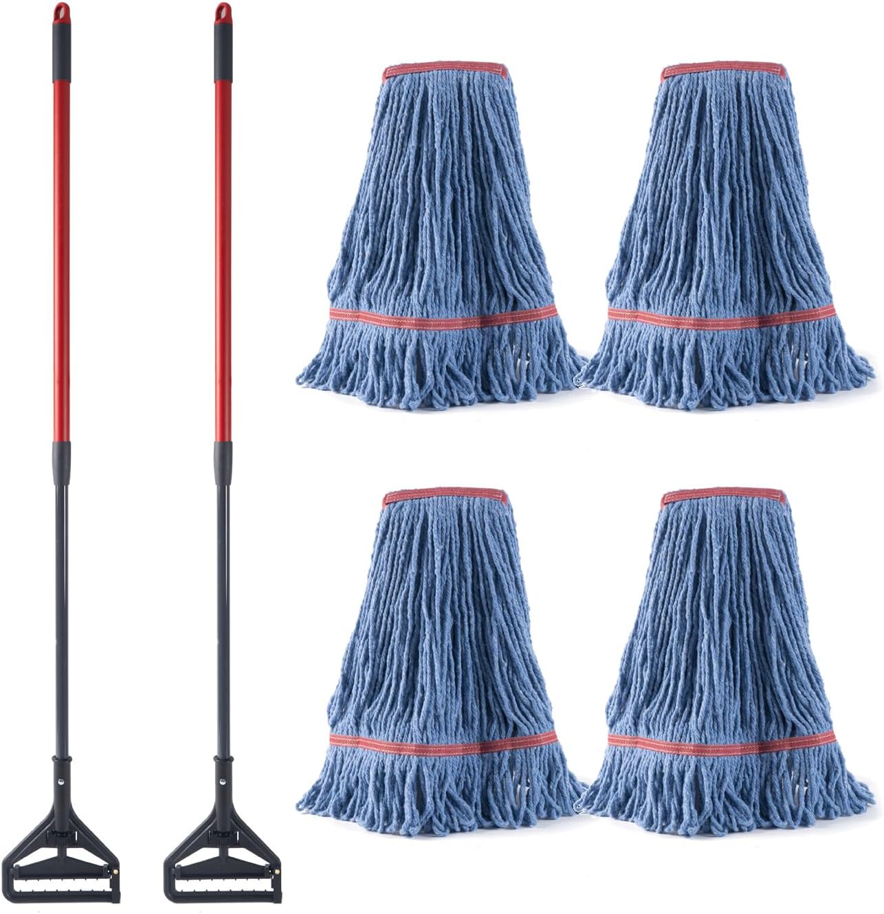 Matthew 2 Set&2 Replacement Commercial&Residential Mop Heavy Duty Industrial Mops w/Adjustable Side-Gate Handle(Quick-Change Gripper) Looped-End String Wet Cotton Mop for Home,Office,Workshop